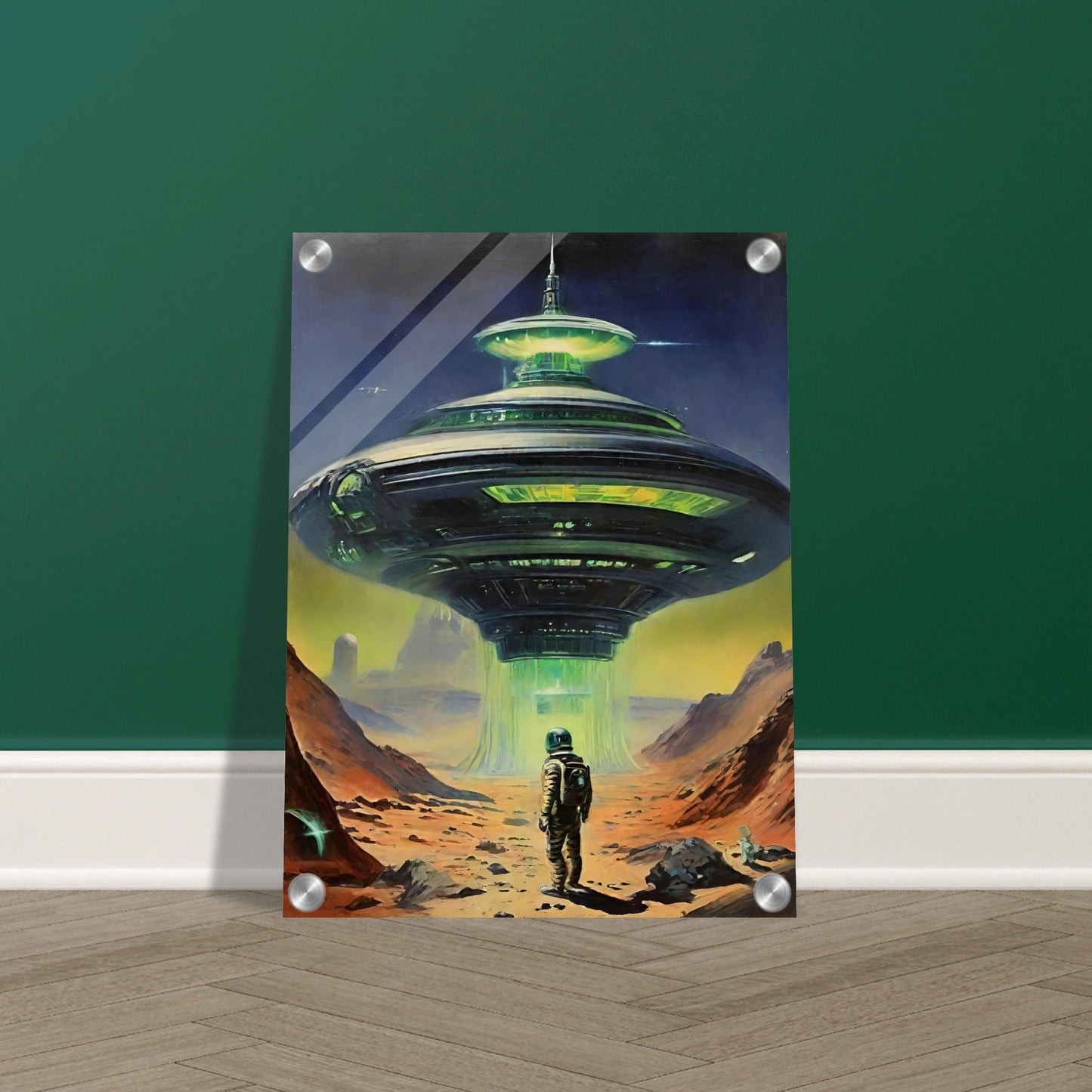A sci-fi painting of an astronaut standing in front of a large, illuminated alien spacecraft on a barren landscape.
