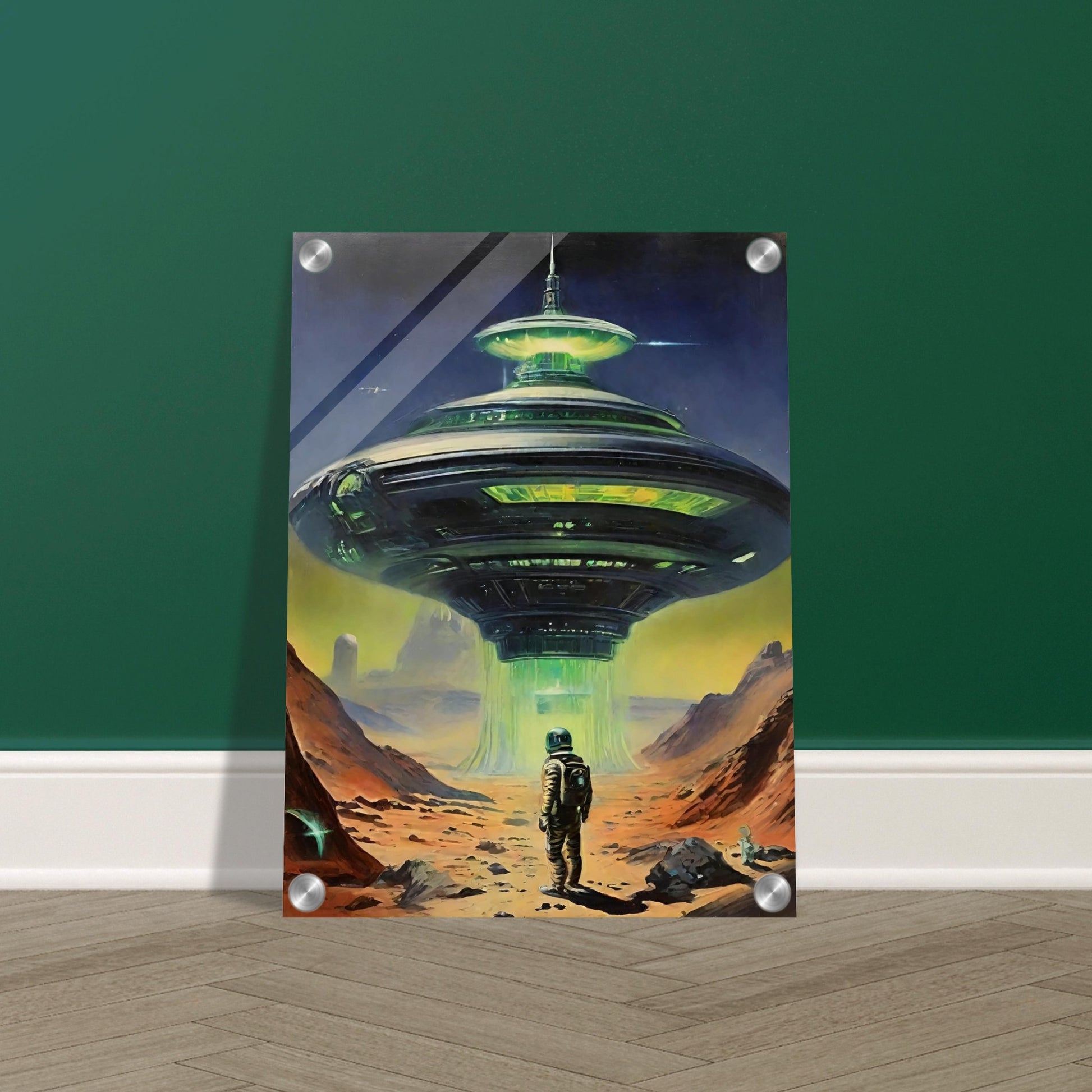 A sci-fi painting of an astronaut standing in front of a large, illuminated alien spacecraft on a barren landscape.