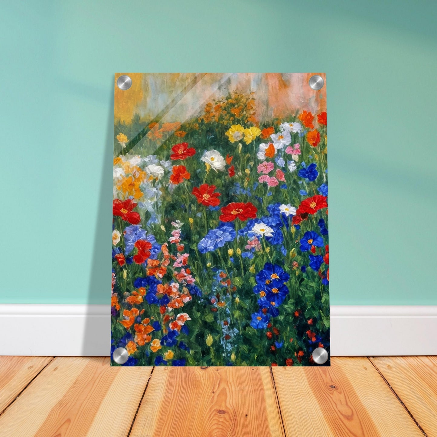 Colorful painting of a blooming garden filled with various flowers in red, blue, and yellow hues against a soft, textured background