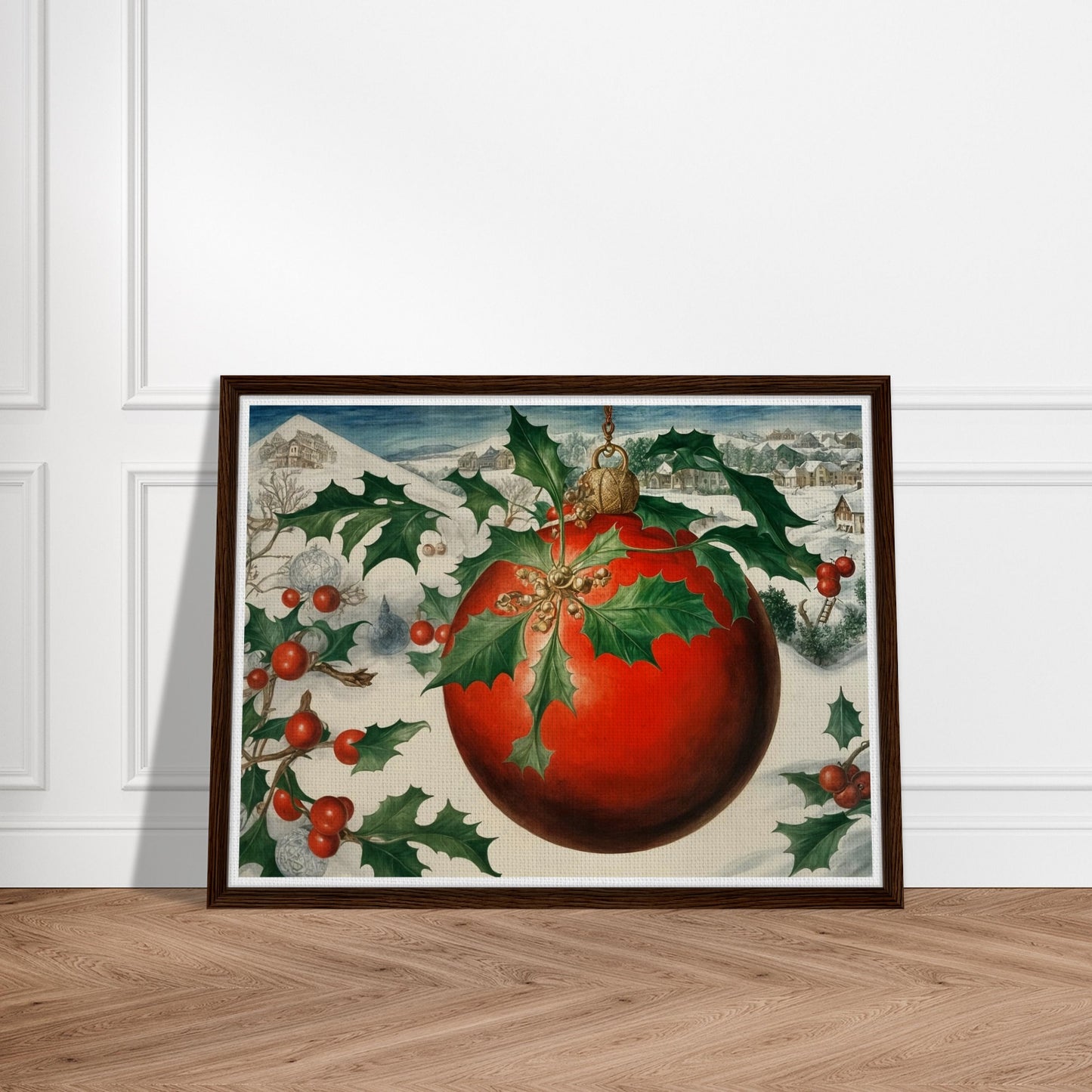 A large red Christmas ornament adorned with holly leaves and berries, set against a snowy village landscape, evoking the holiday spirit in a wintry setting.