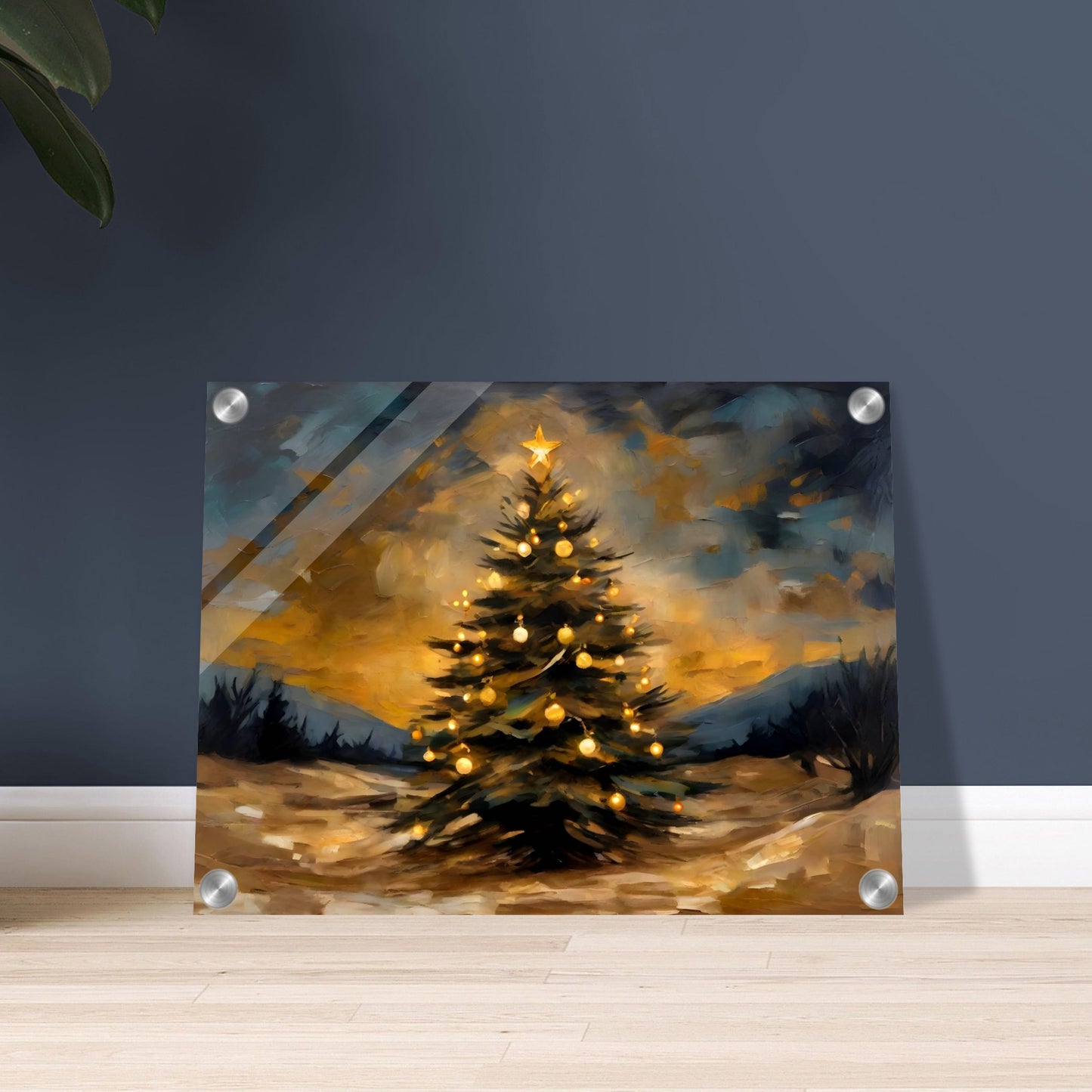 A glowing Christmas tree adorned with golden ornaments and a star topper, set against a dramatic evening sky and a snowy landscape.