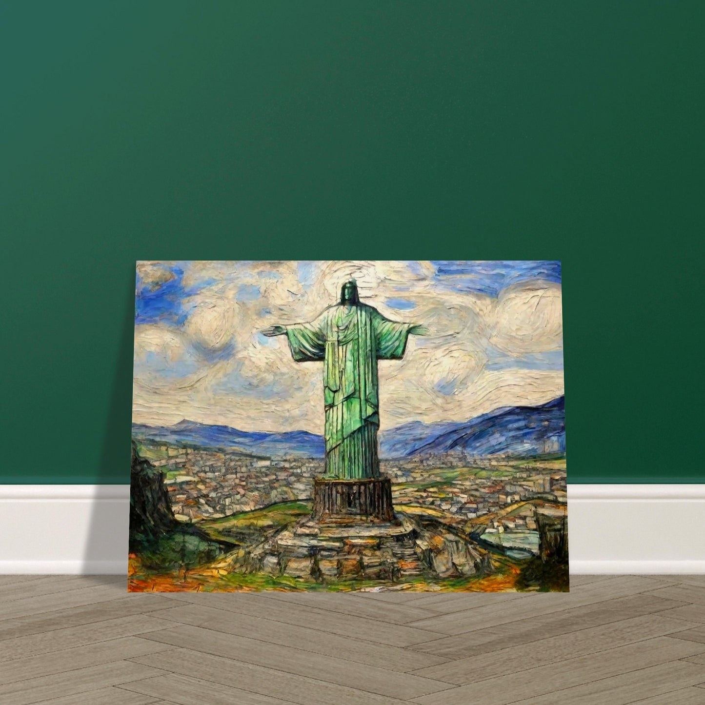 "A majestic painting of the Christ the Redeemer statue standing tall over the city of Rio de Janeiro, with vibrant skies and mountain ranges in the background."