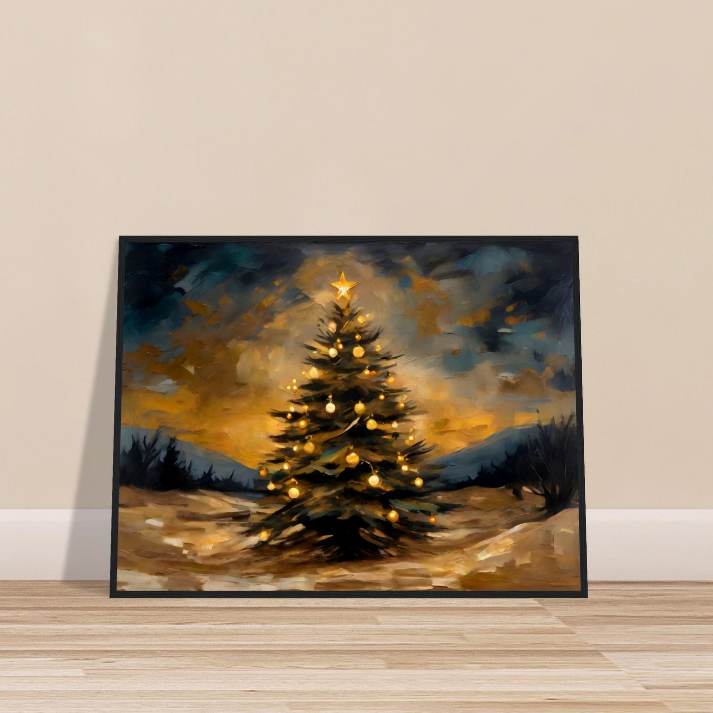 A glowing Christmas tree adorned with golden ornaments and a star topper, set against a dramatic evening sky and a snowy landscape.