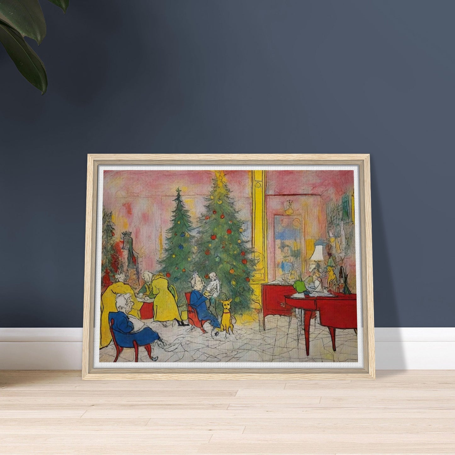 A cozy holiday scene featuring family members and pets gathered around a decorated Christmas tree in a colorful living room, capturing the warmth and joy of the season.