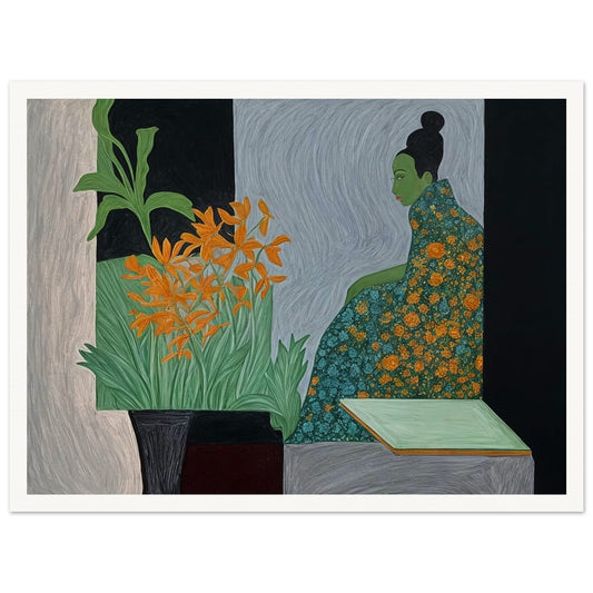 A painting of a woman with a green face in a floral dress, sitting in contemplation next to vibrant orange flowers.