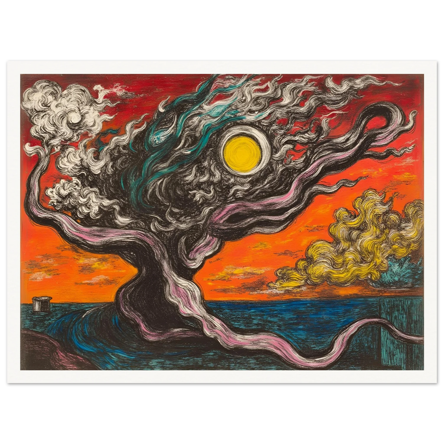 A surreal tree with smoky limbs stretches beneath a fiery orange sky and sun, near a vivid blue sea and yellow clouds.