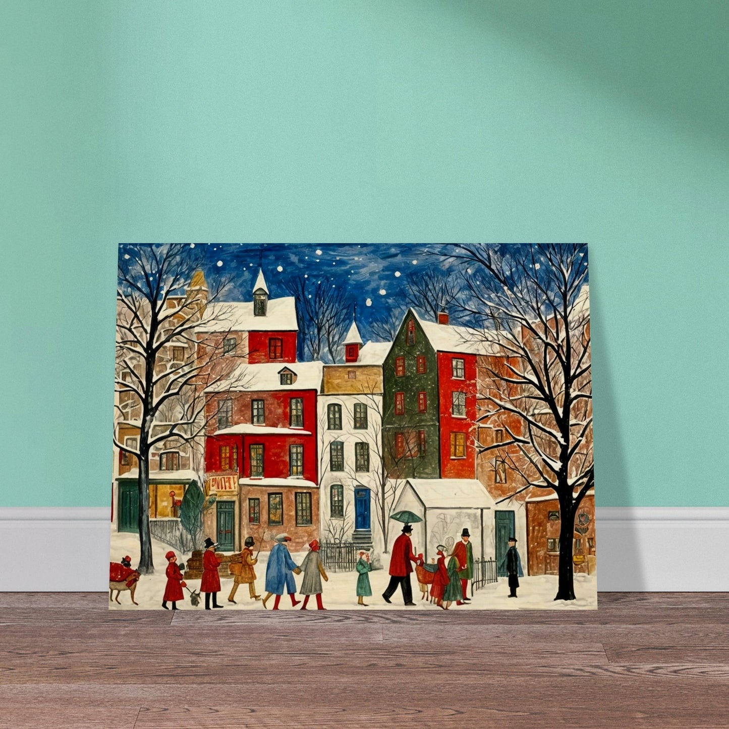 A charming cityscape with people walking down a snow-covered street, surrounded by colorful houses and trees under a starry night sky, capturing the holiday spirit.