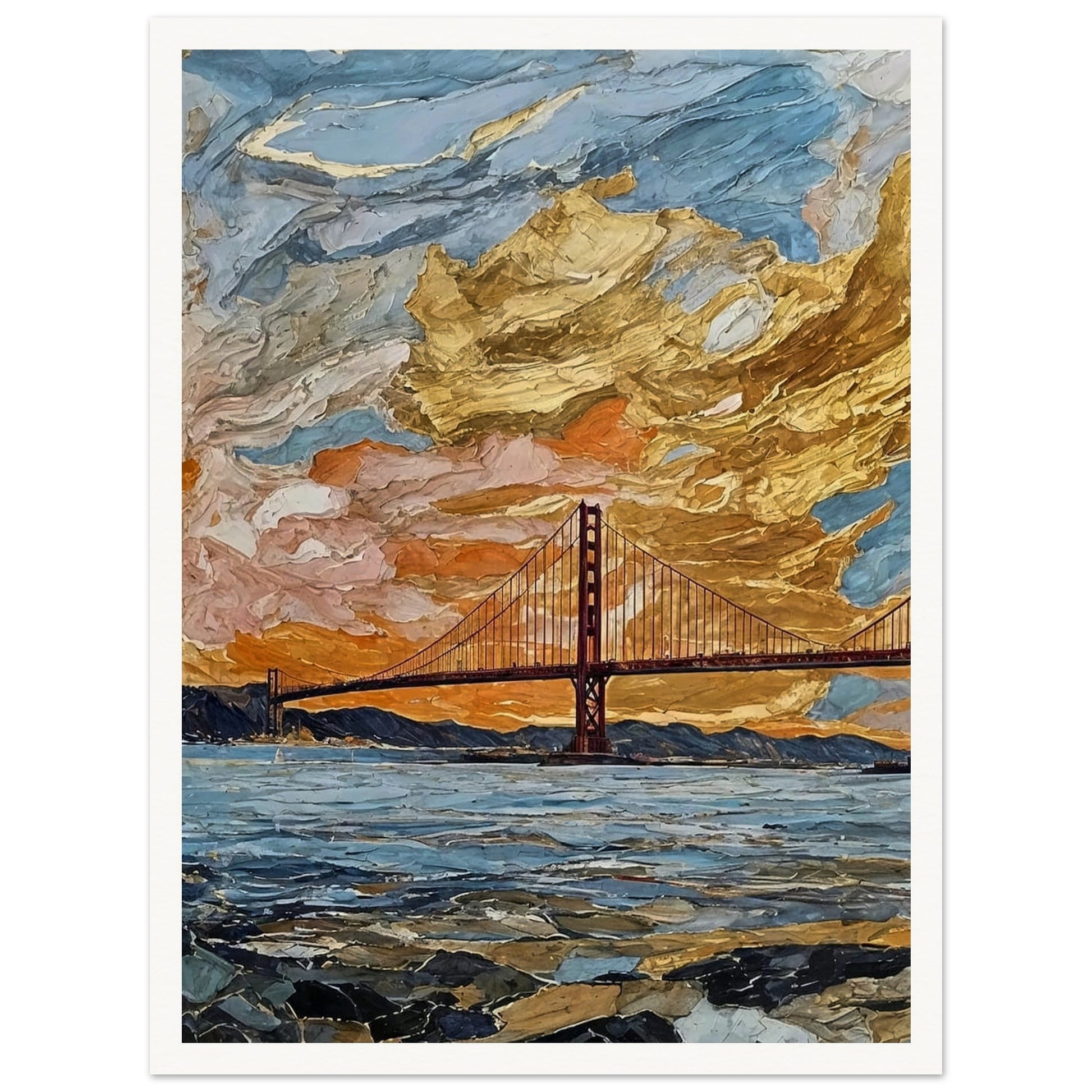 "A vibrant painting of a bridge at sunset, with dramatic golden clouds filling the sky and reflecting off the water below."