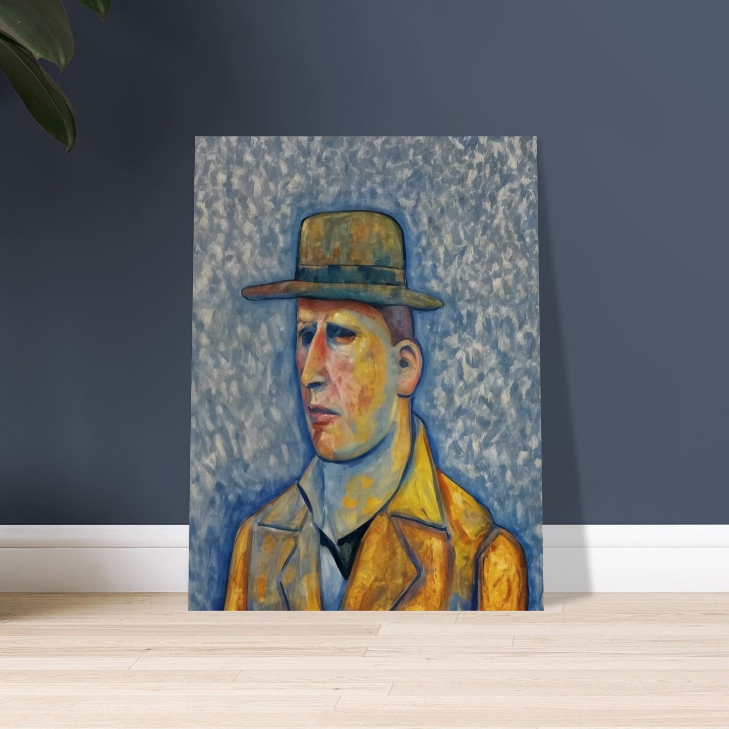A stylized portrait of a man in a yellow coat and green hat, set against a textured blue background, with a solemn expression on his face.