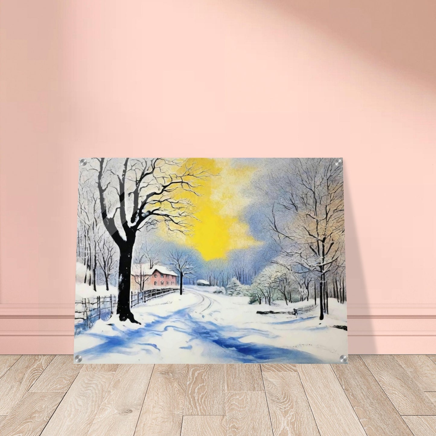 A serene winter landscape with snow-covered trees and a winding path leading to a distant house, illuminated by a warm yellow sunrise against a blue sky.
