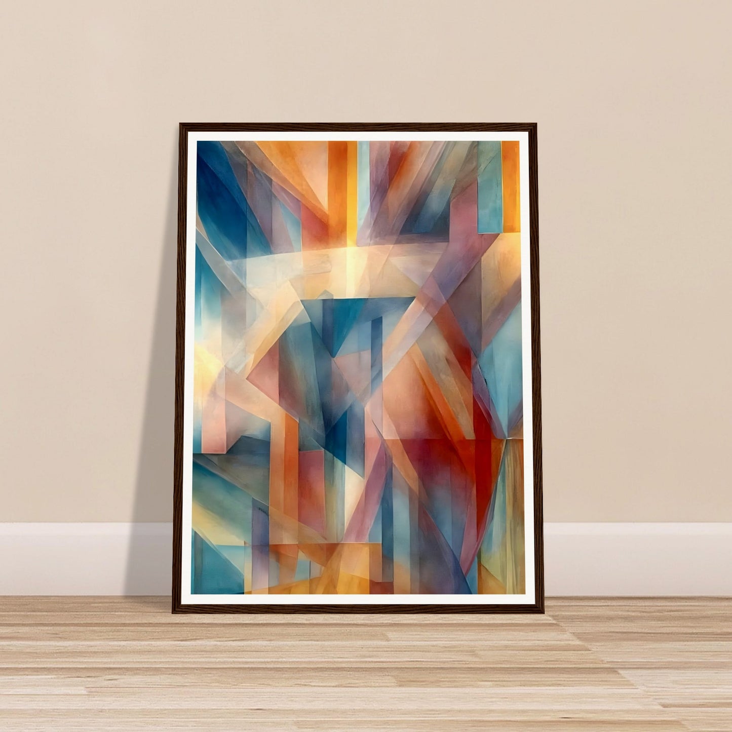 An abstract geometric artwork with interlocking shapes in warm oranges, reds, and cool blues, blending together to create a sense of depth and shifting light.