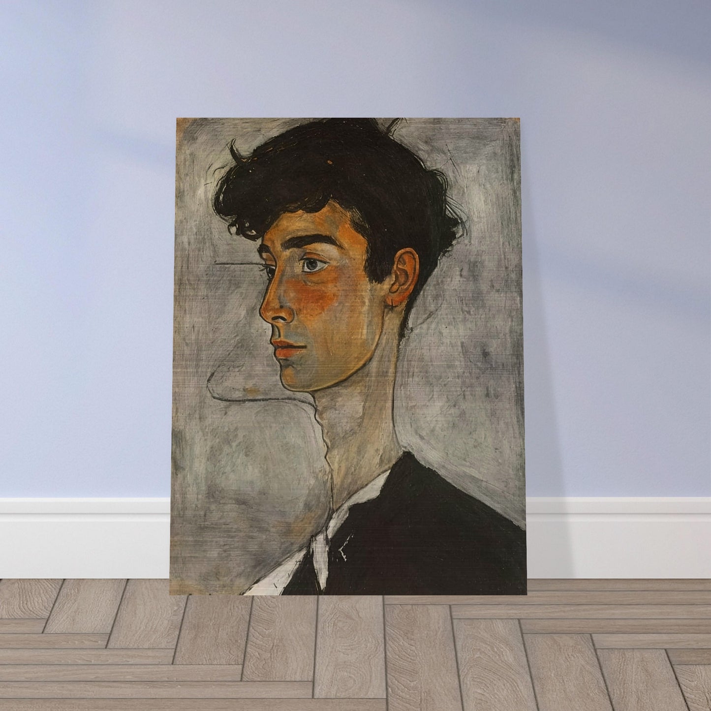 Expressive painting of a young man with a thoughtful expression, featuring warm tones and detailed facial features.