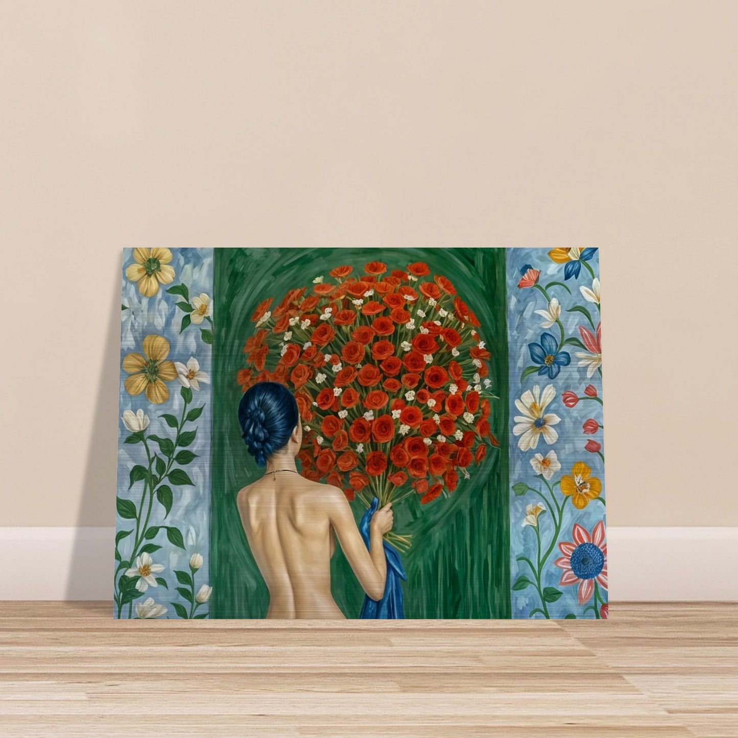 A painting of a woman with her back turned, holding a large bouquet of red roses against a vibrant backdrop of floral patterns, symbolizing a deep connection with nature.