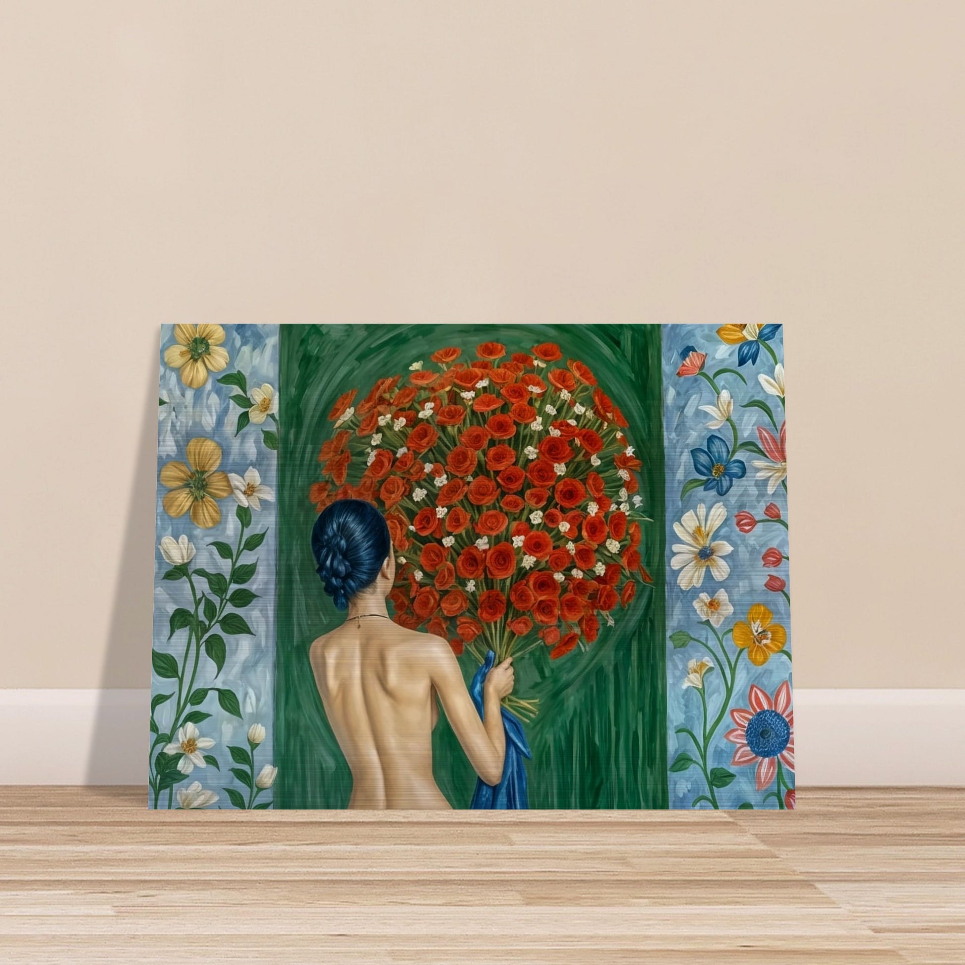 A painting of a woman with her back turned, holding a large bouquet of red roses against a vibrant backdrop of floral patterns, symbolizing a deep connection with nature.