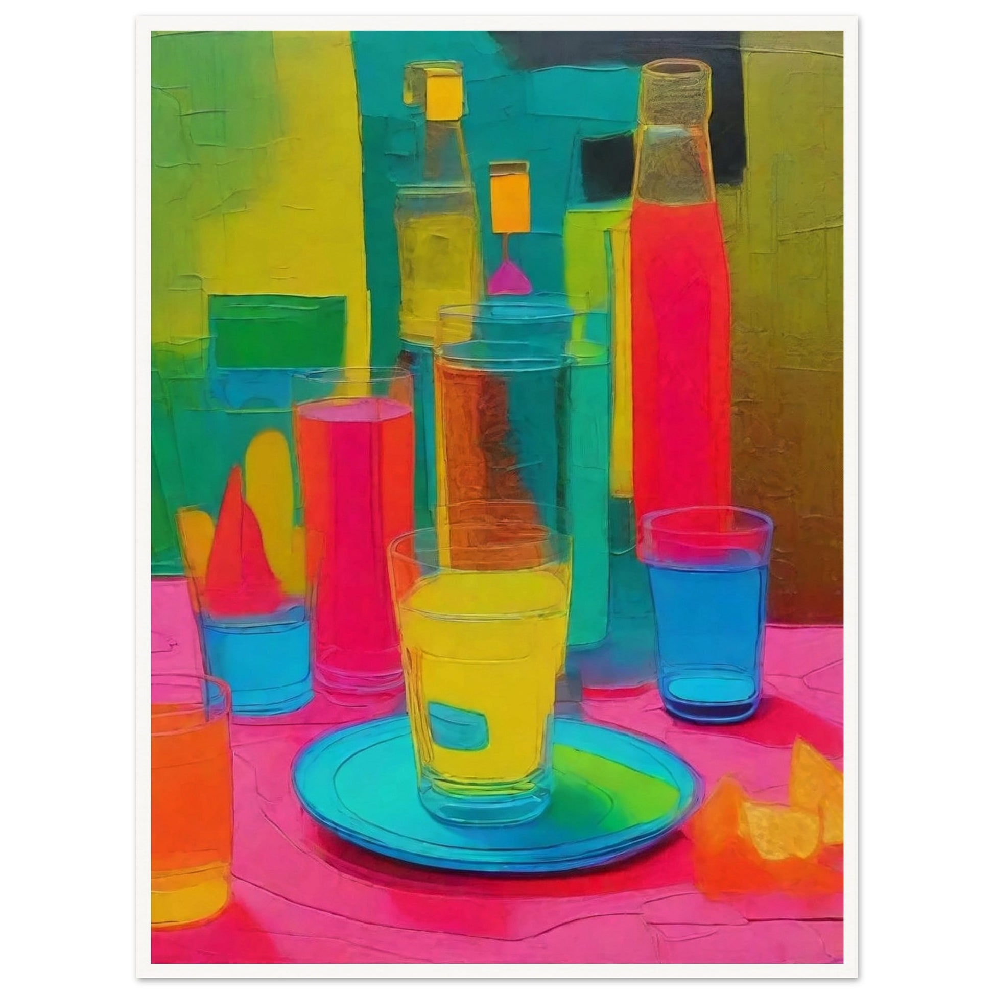 A bold and colorful still life painting with neon hues of pink, yellow, and blue, featuring bottles, glasses, and a plate on a table.