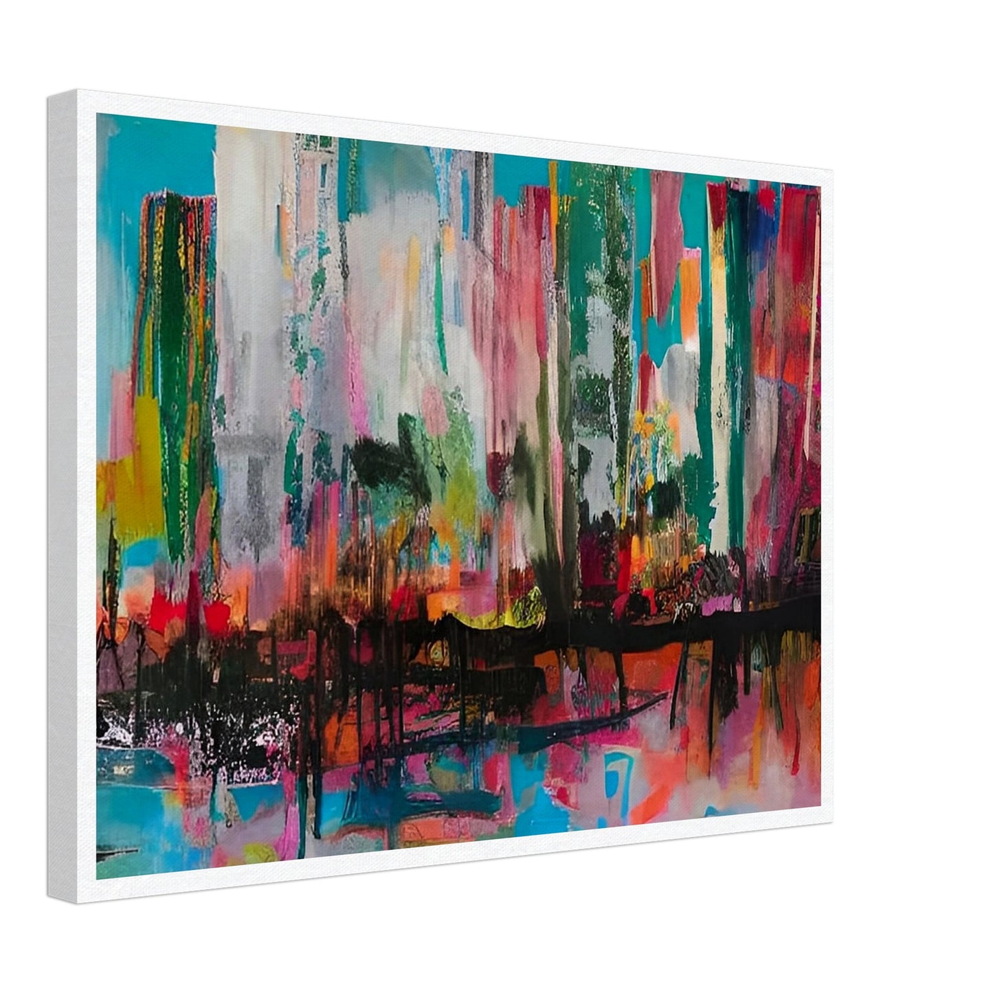 A vibrant cityscape with bold, abstract strokes of color, including teal, pink, red, and orange, creating a dynamic and energetic atmosphere.