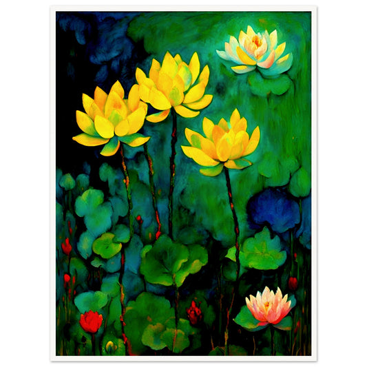 A vibrant painting of golden yellow lotus flowers floating above lush green leaves, illuminated against a deep blue-green background with red and pink buds.