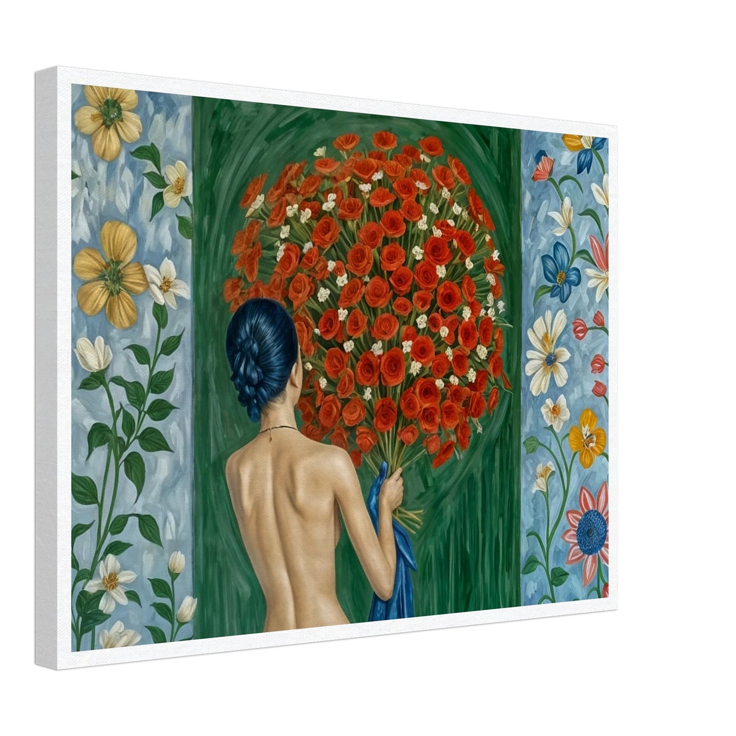 A painting of a woman with her back turned, holding a large bouquet of red roses against a vibrant backdrop of floral patterns, symbolizing a deep connection with nature.