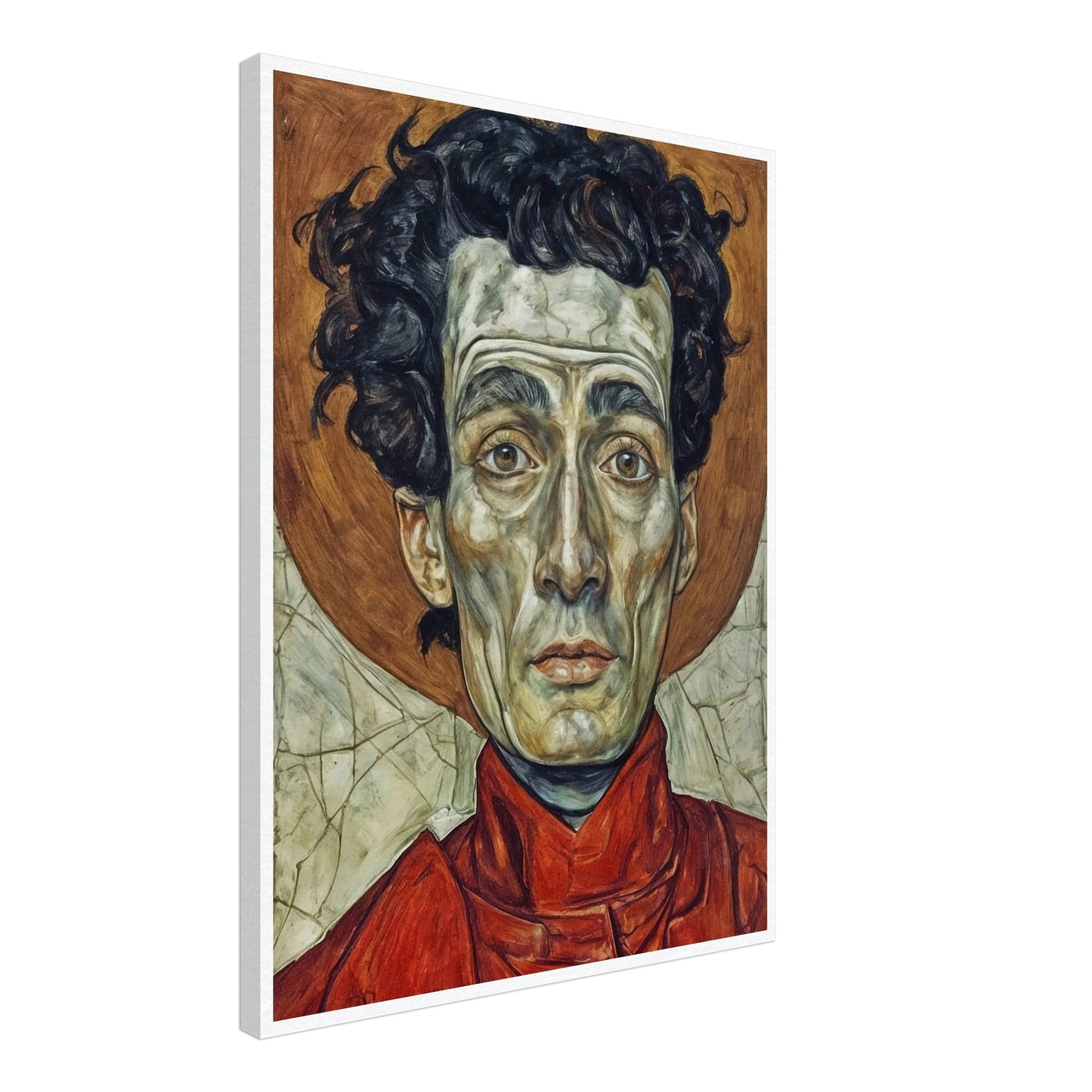 A striking portrait of a man with intense, solemn eyes, painted in vivid reds and browns, capturing a deep sense of weariness and resolve.