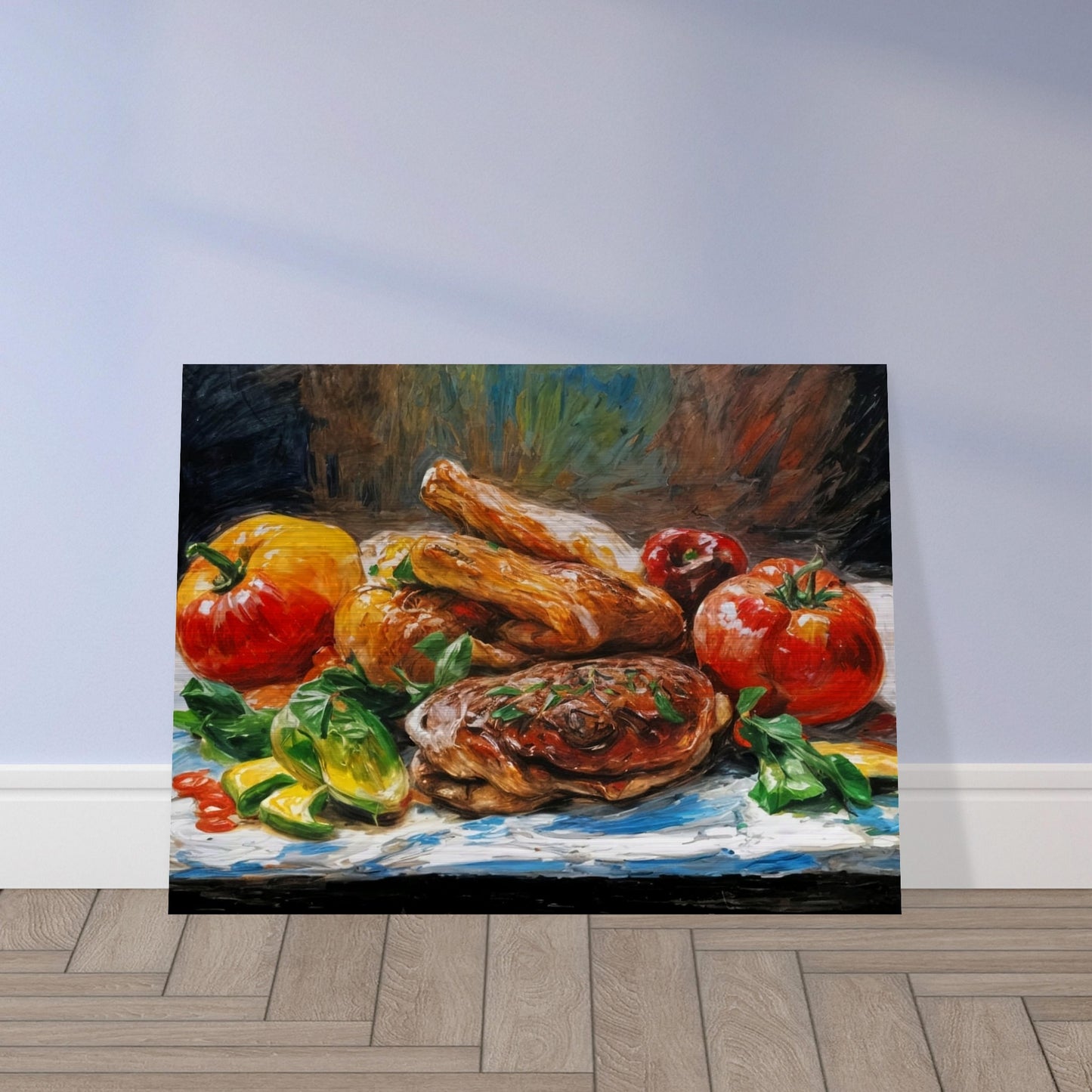 A colorful arrangement of roasted meats and fresh vegetables, including bright tomatoes and peppers, displayed on a rustic background.