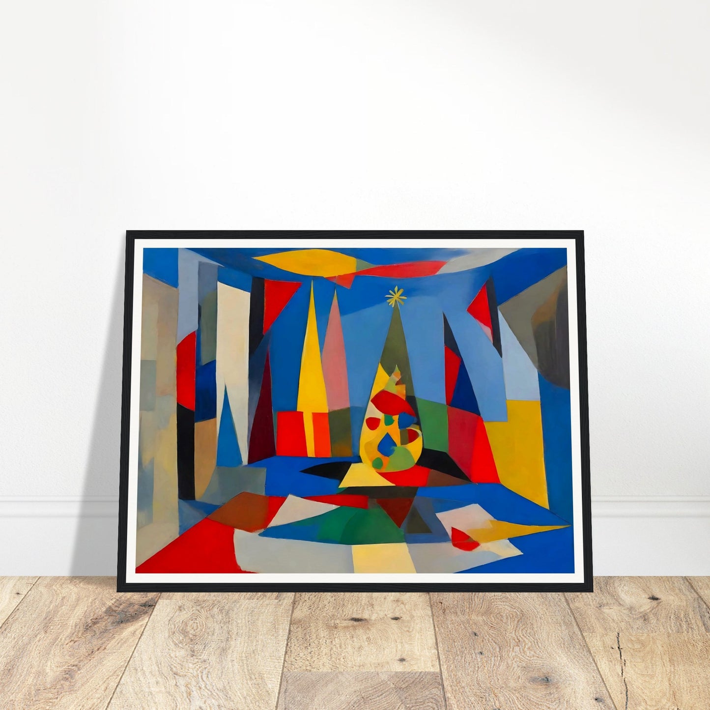 An abstract composition featuring geometric shapes and vibrant colors framing a stylized Christmas tree, creating a modern holiday scene.