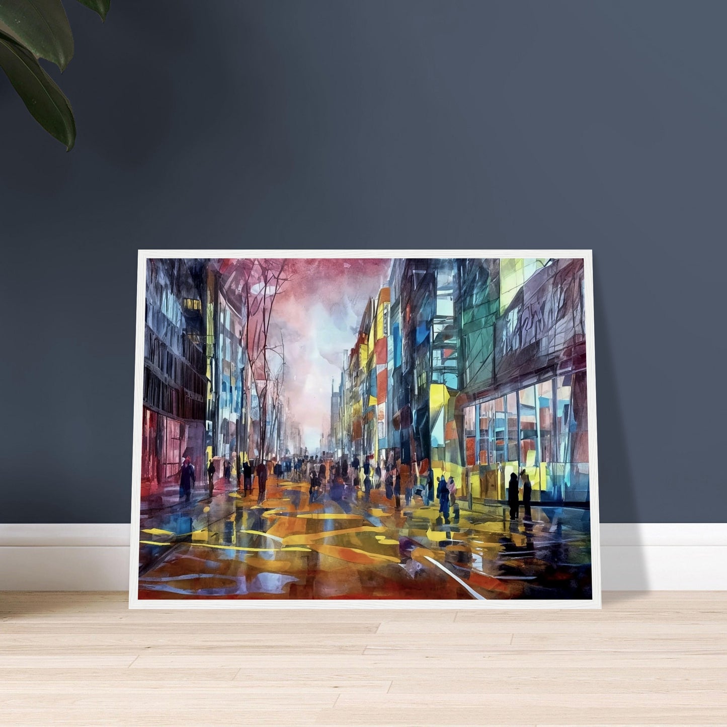 A colorful urban scene depicting people walking down a city street lined with tall buildings, illuminated by vibrant reflections of city lights and set against a dramatic sky.