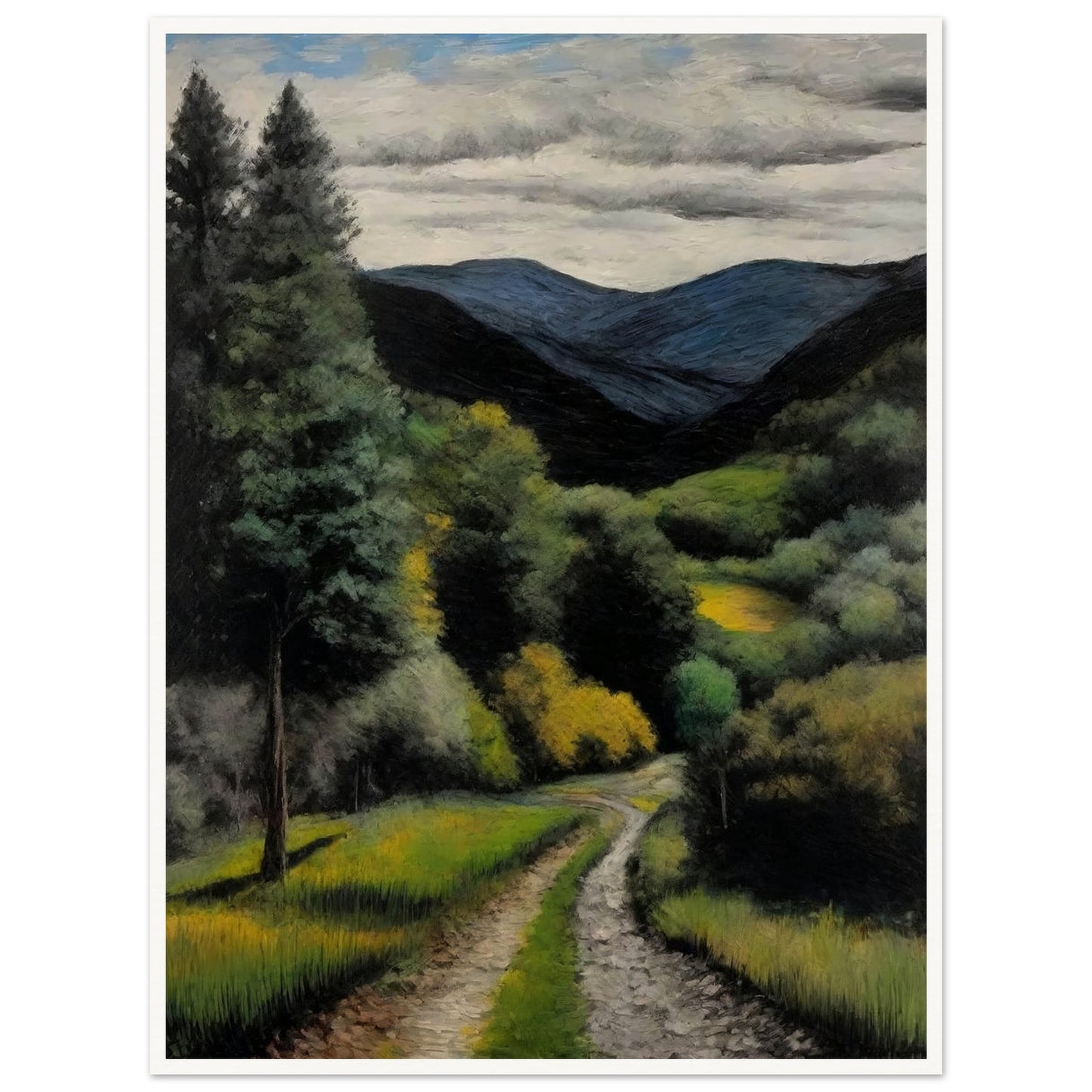 A picturesque landscape painting of a winding path leading through a verdant forest, with tall trees and lush green foliage. In the background, blue mountains rise under a partly cloudy sky, creating a serene and inviting scene.