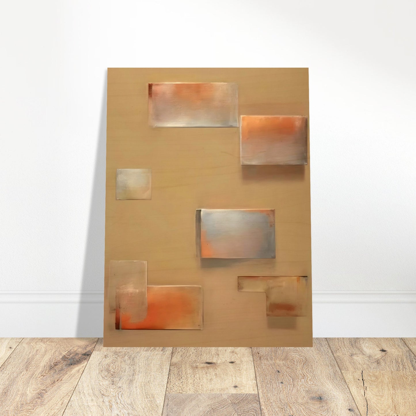An abstract composition featuring softly blurred rectangular shapes in muted shades of orange, gray, and beige, creating a serene and minimalist geometric design.