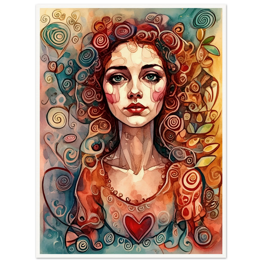 A surreal watercolor portrait of a woman with vibrant swirling hair, deep green eyes, and a glowing red heart on her chest.