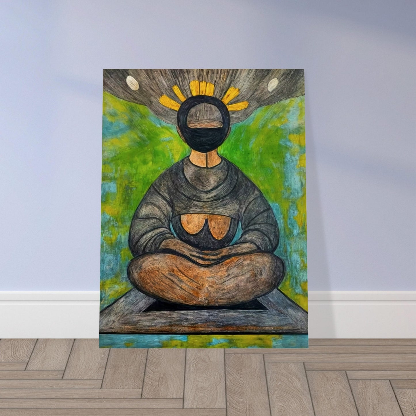 An abstract depiction of a meditative figure seated in a cross-legged position with a halo-like crown of yellow rays, set against a vibrant green and blue background, symbolizing tranquility and spiritual reflection.