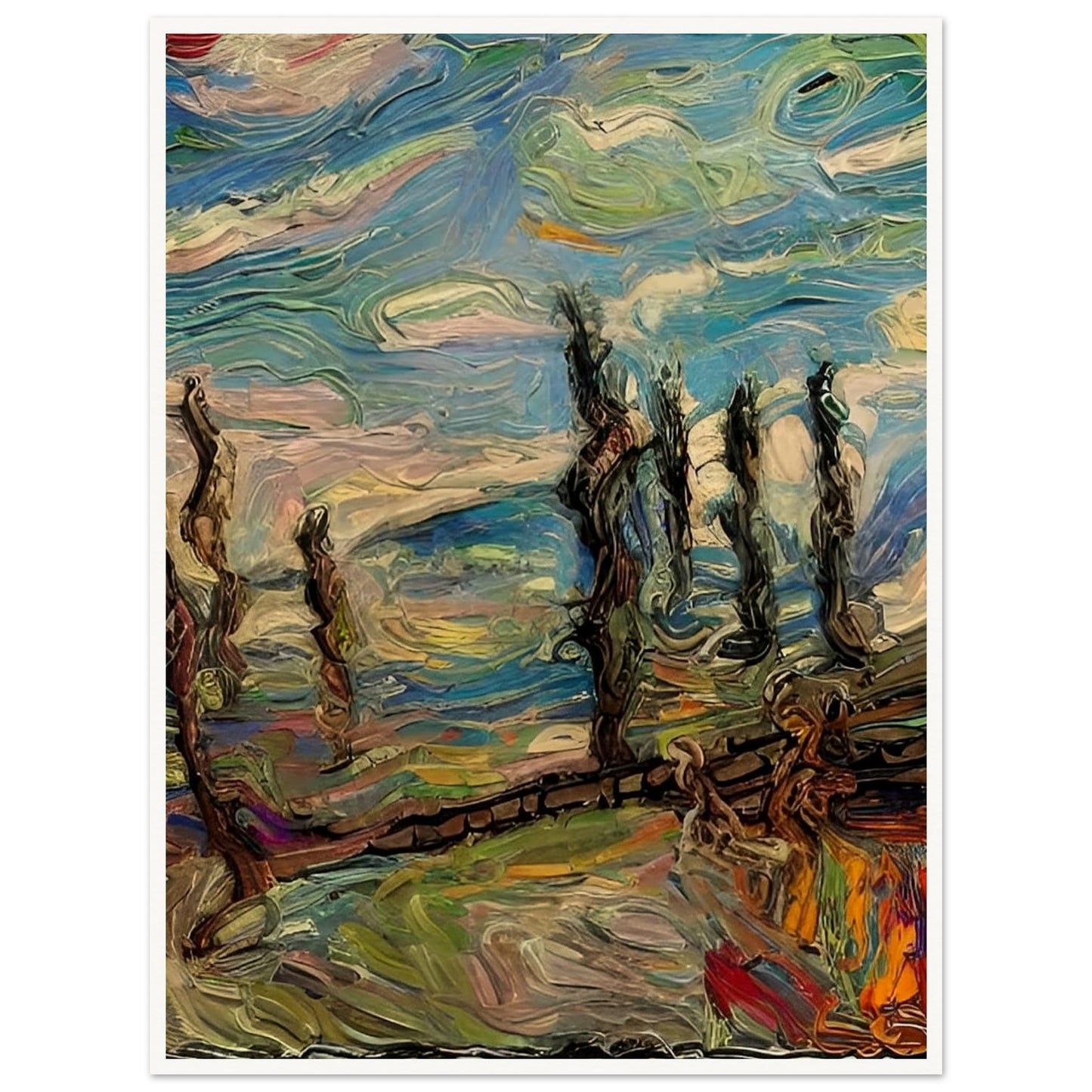 "An expressive and textured painting with swirling skies and windswept trees, full of dynamic brushstrokes in vibrant blues, greens, and earth tones."