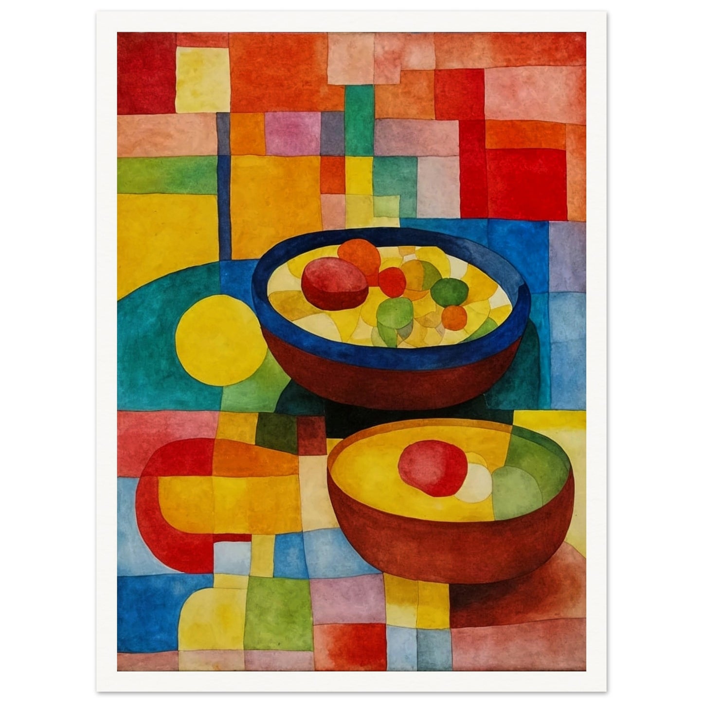 Brightly colored bowls filled with vibrant fruits rest on a multicolored geometric surface, surrounded by warm and cool hues in a mosaic style.