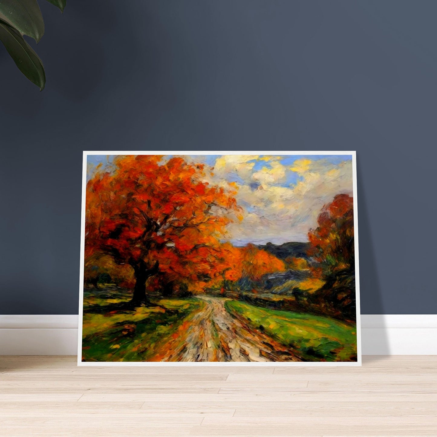 "A beautiful autumn landscape featuring a winding path surrounded by trees with vibrant orange and red leaves under a bright sky."