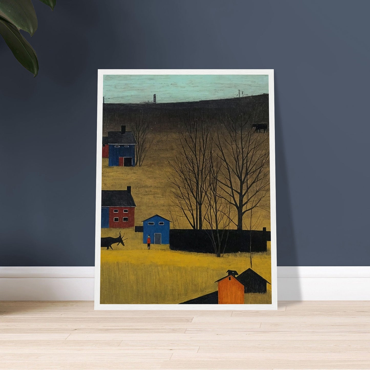 A peaceful rural landscape with houses, trees, and a donkey under a clear sky in autumn.