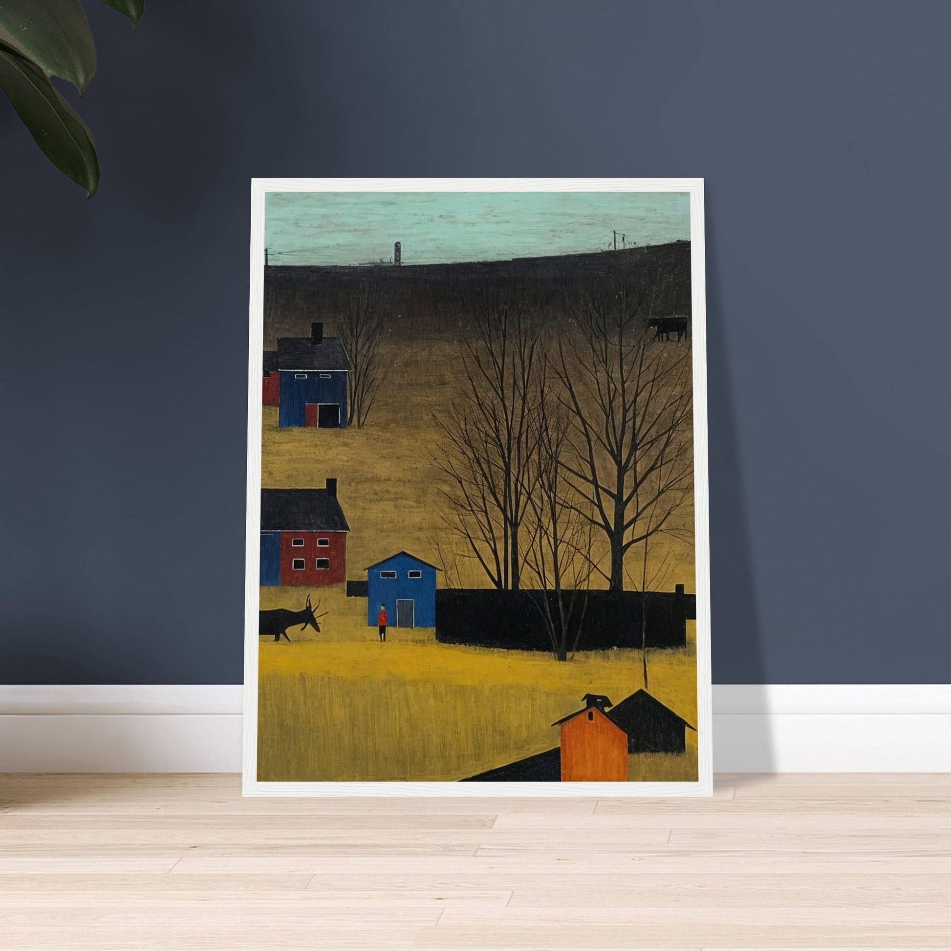 A peaceful rural landscape with houses, trees, and a donkey under a clear sky in autumn.