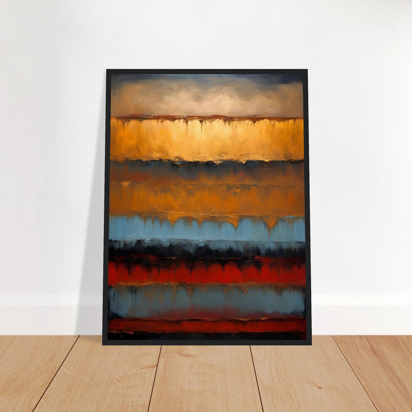 Rich bands of gold, rust, blue, and black flow like sediment layers in a moody, textured expression of earth and time.