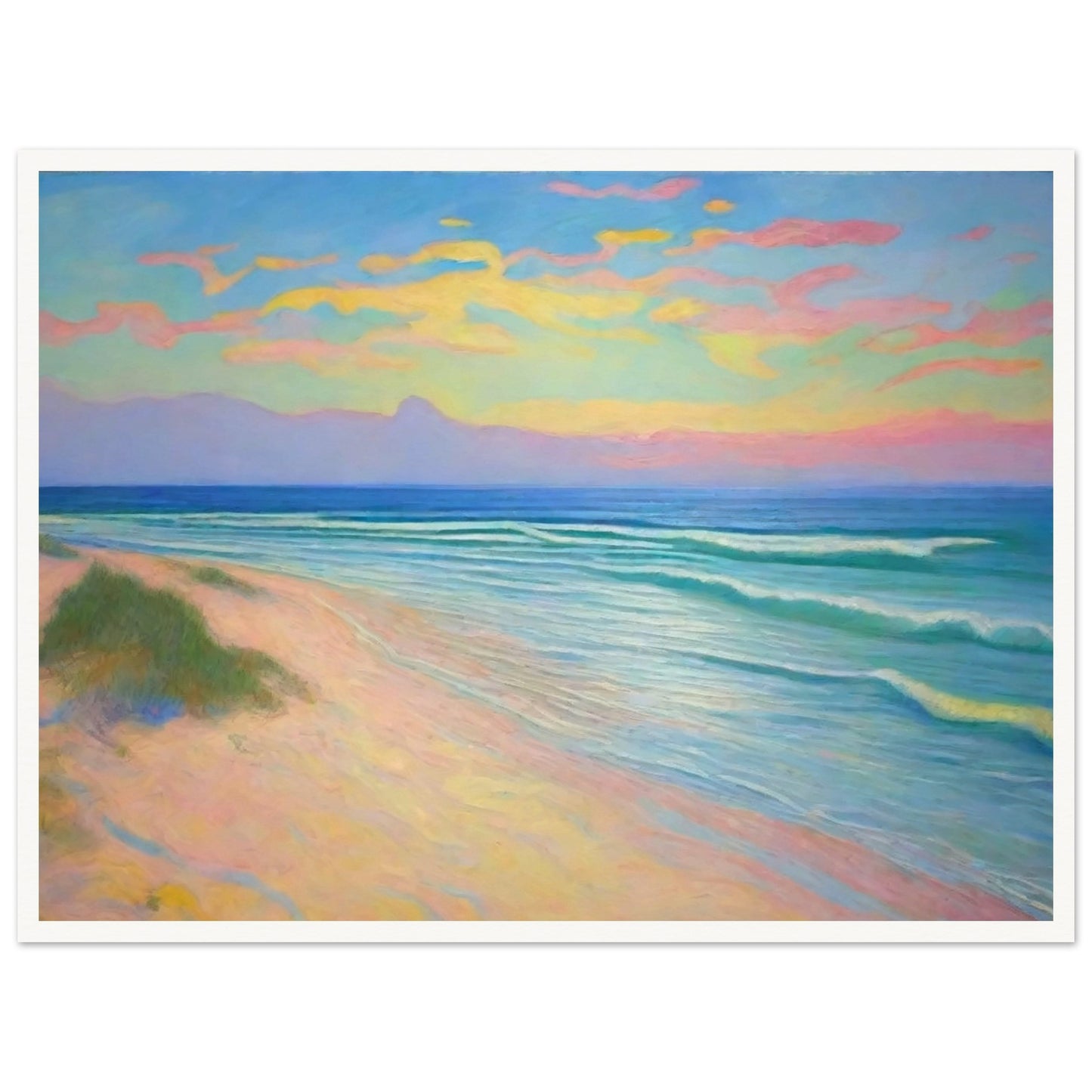 "A serene beach scene with pastel-colored clouds in the sky, gentle waves, and soft sandy shores, creating a peaceful atmosphere."