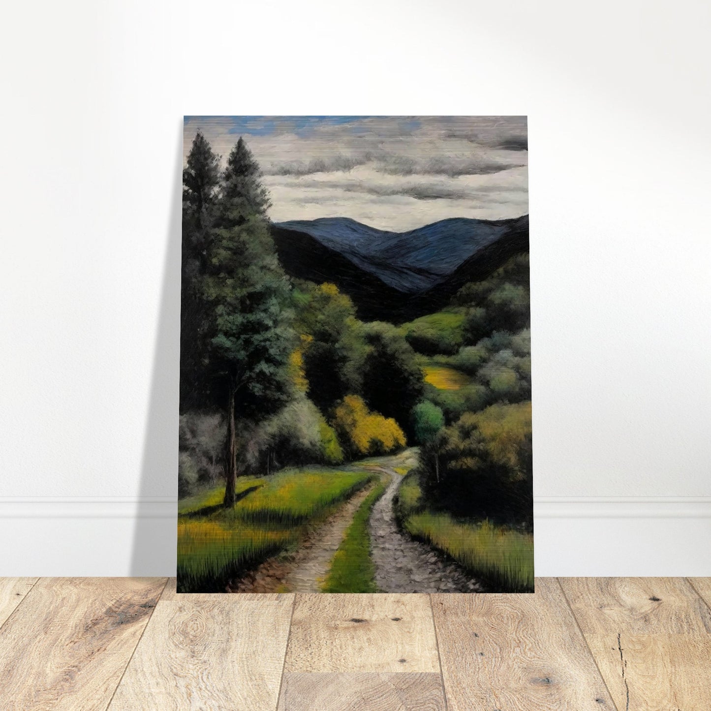 A picturesque landscape painting of a winding path leading through a verdant forest, with tall trees and lush green foliage. In the background, blue mountains rise under a partly cloudy sky, creating a serene and inviting scene.