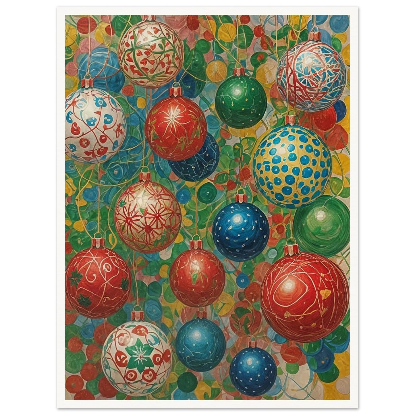A vibrant array of colorful Christmas ornaments in red, blue, green, and white, decorated with intricate patterns and set against a lively background of overlapping colors.