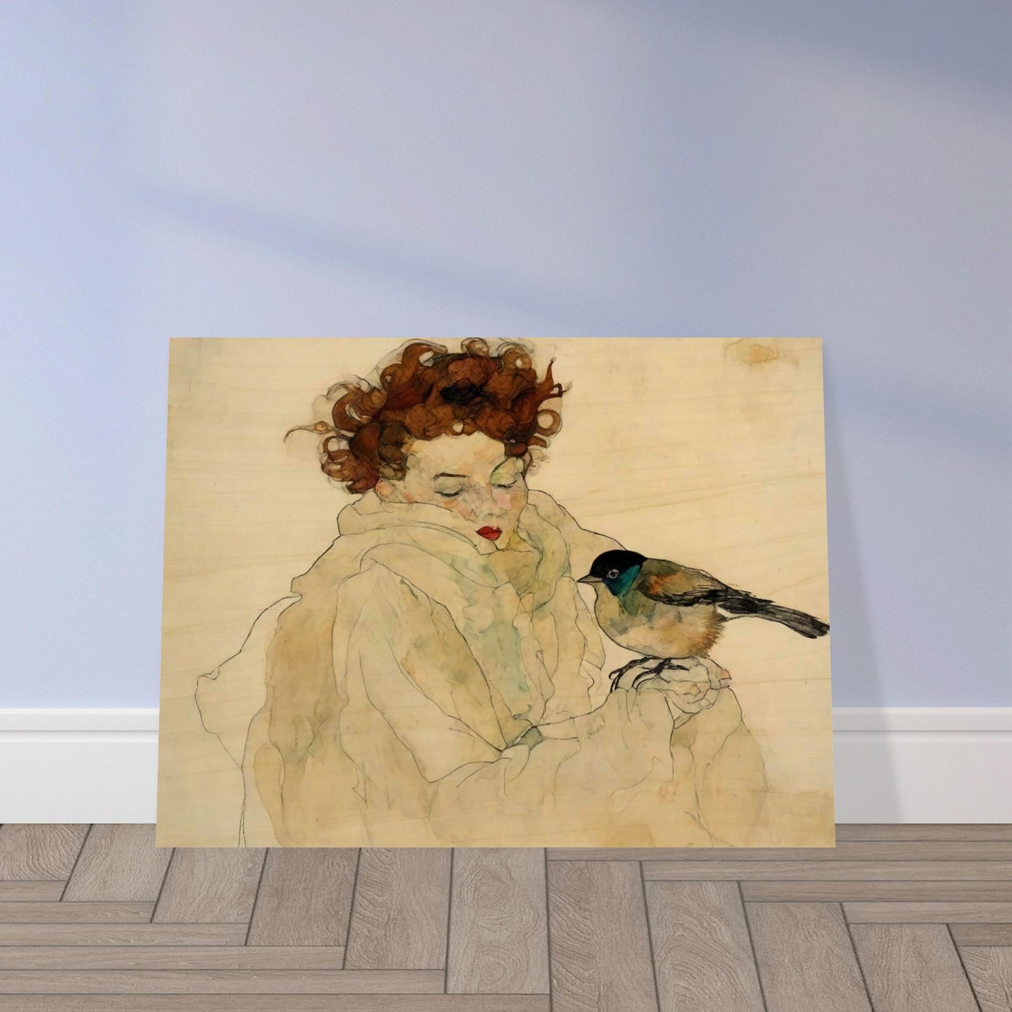 "A soft, expressive portrait of a woman with curly hair and a bird perched on her hand, both surrounded by gentle, muted tones."