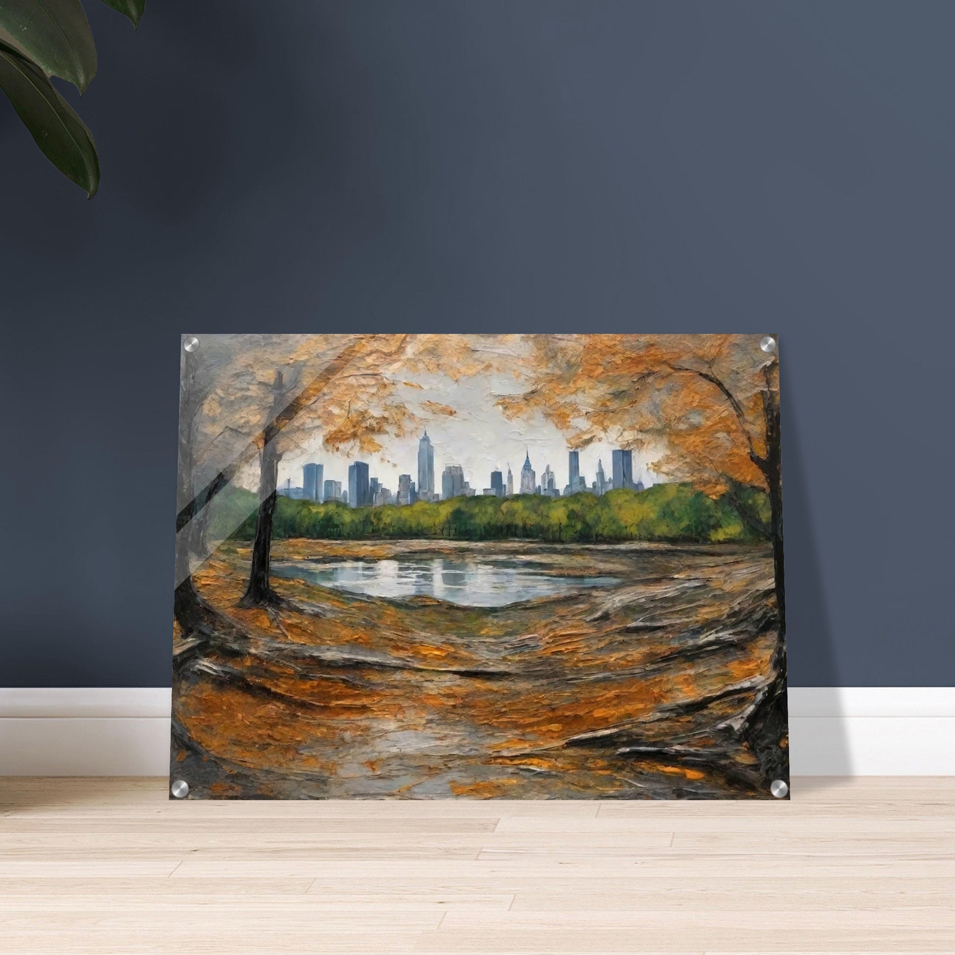 "A beautiful autumn scene with golden leaves framing a city skyline in the distance, viewed from the edge of a tranquil pond in the park."