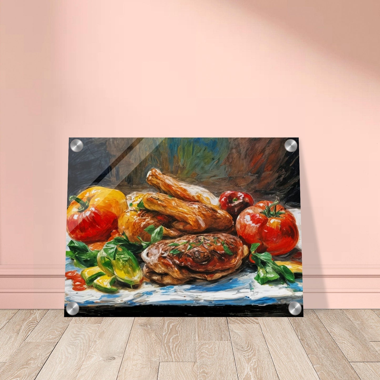 A colorful arrangement of roasted meats and fresh vegetables, including bright tomatoes and peppers, displayed on a rustic background.
