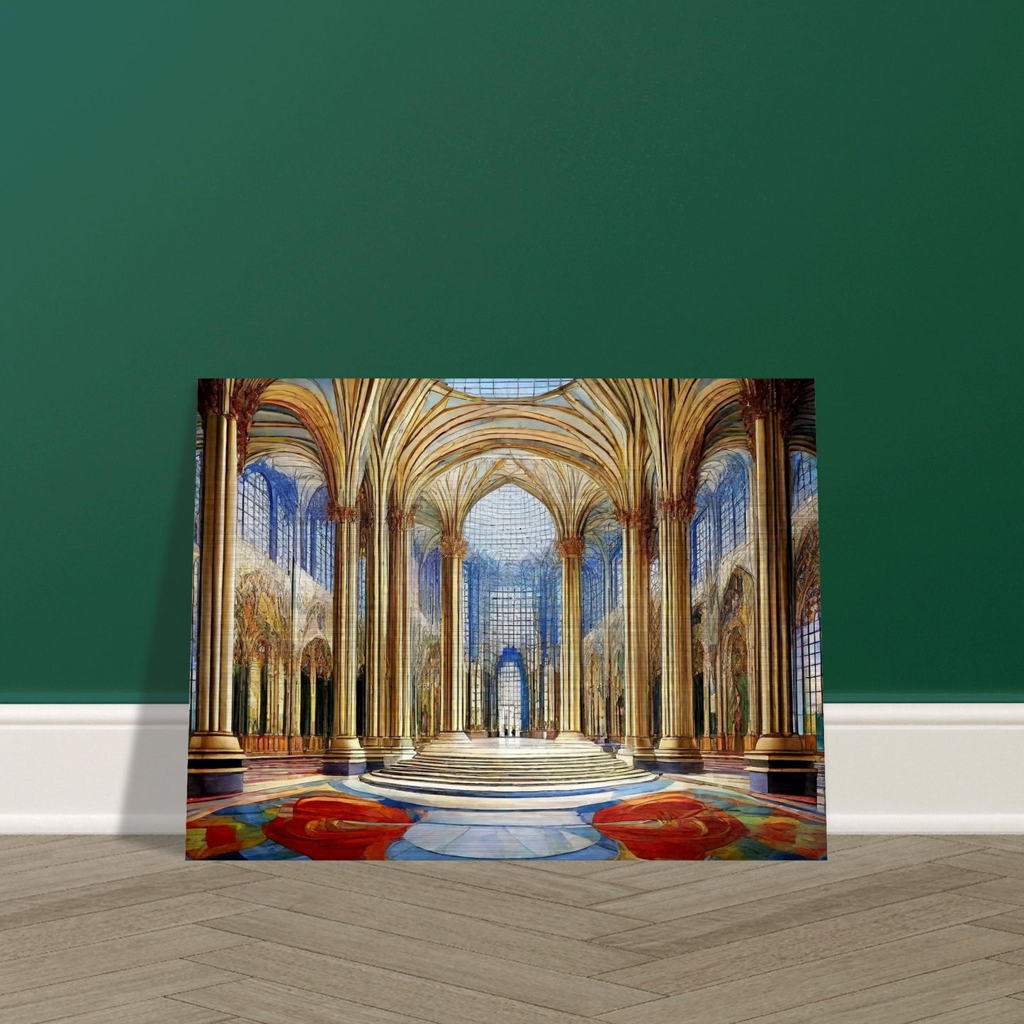 A grandiose hall with towering golden columns, intricate arched ceilings, and expansive windows that fill the space with light and color.