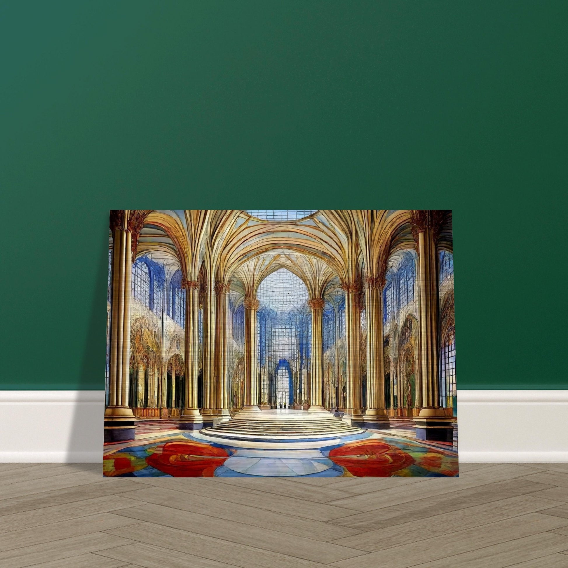 A grandiose hall with towering golden columns, intricate arched ceilings, and expansive windows that fill the space with light and color.