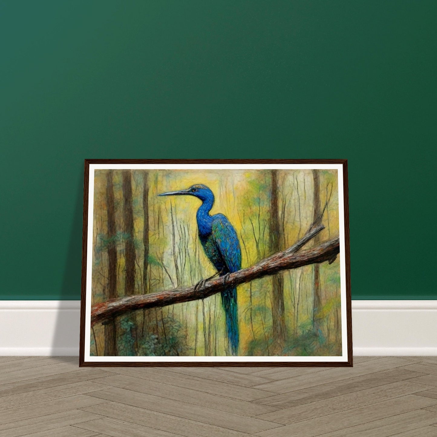 "A detailed painting of a vibrant blue bird perched on a tree branch in a forest, surrounded by soft, natural light filtering through the trees."