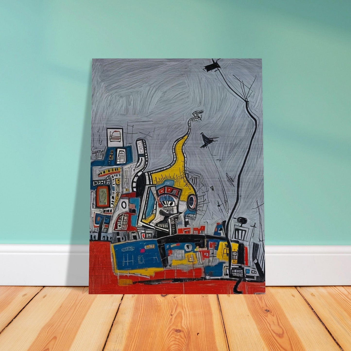 An abstract painting featuring a chaotic yet vibrant urban scene with geometric shapes and bold colors against a gray background.