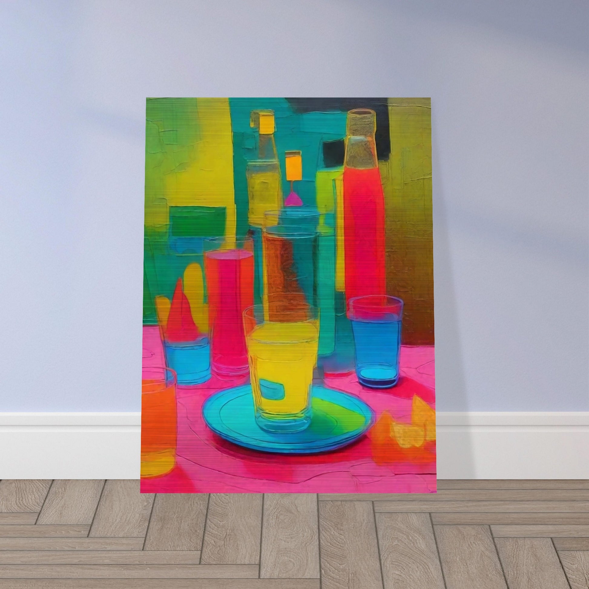 A bold and colorful still life painting with neon hues of pink, yellow, and blue, featuring bottles, glasses, and a plate on a table.