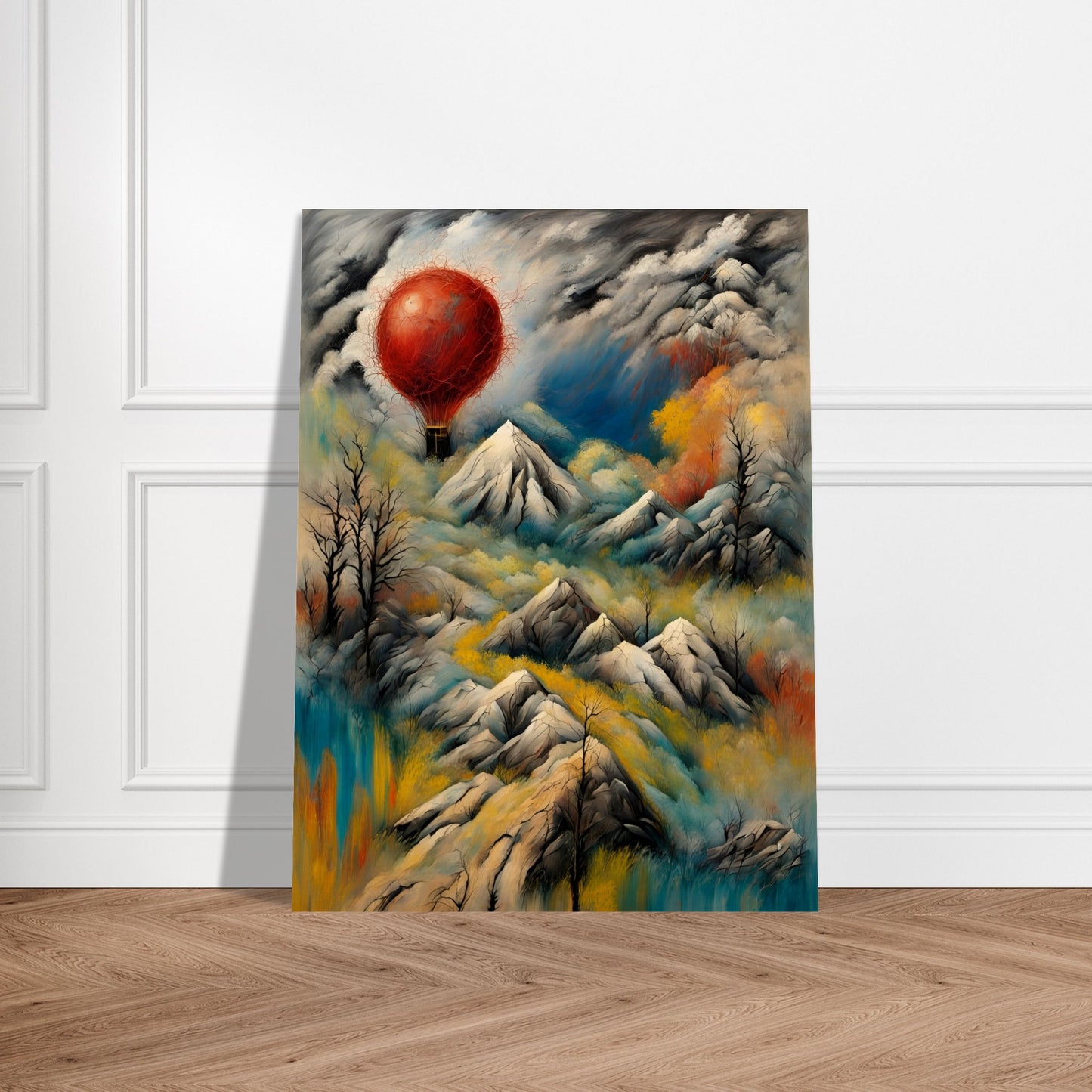 A surreal landscape featuring snow-capped mountains, swirling clouds, and a glowing red hot air balloon floating amidst dramatic skies.