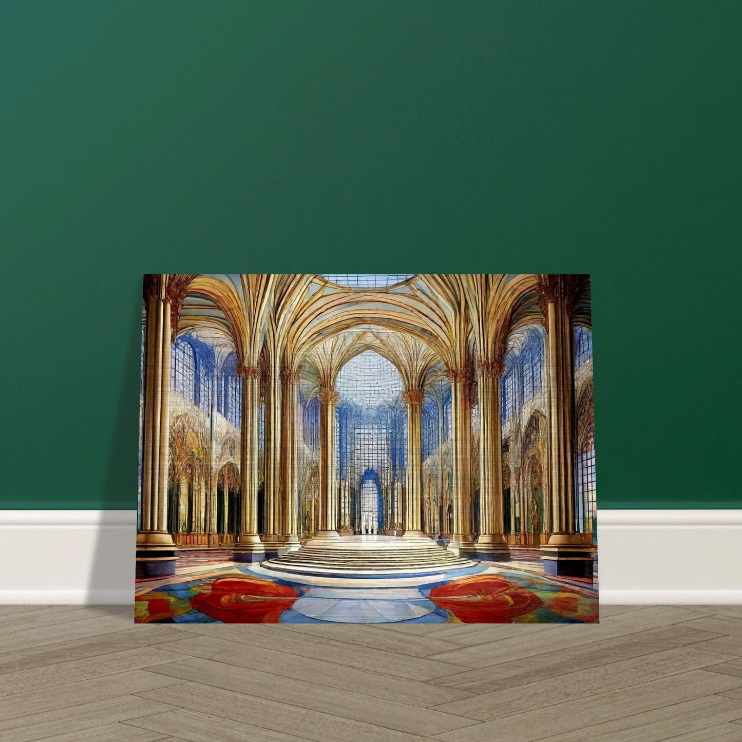 A grandiose hall with towering golden columns, intricate arched ceilings, and expansive windows that fill the space with light and color.
