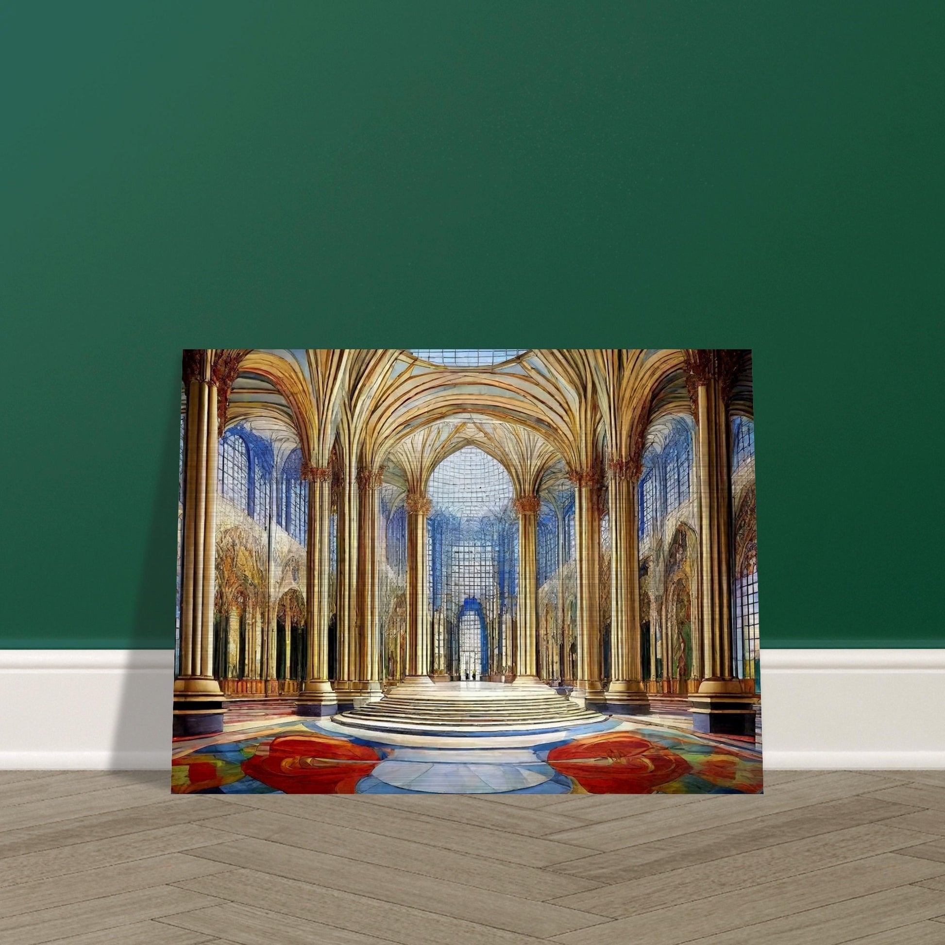 A grandiose hall with towering golden columns, intricate arched ceilings, and expansive windows that fill the space with light and color.